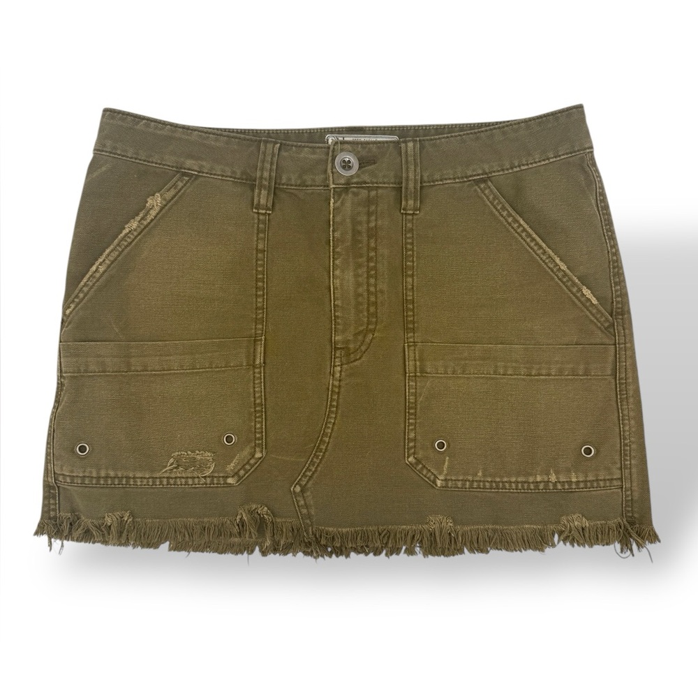 Free People Olive Green Utility‎ Denim Mini Skirt Distressed Women’s Size 29
